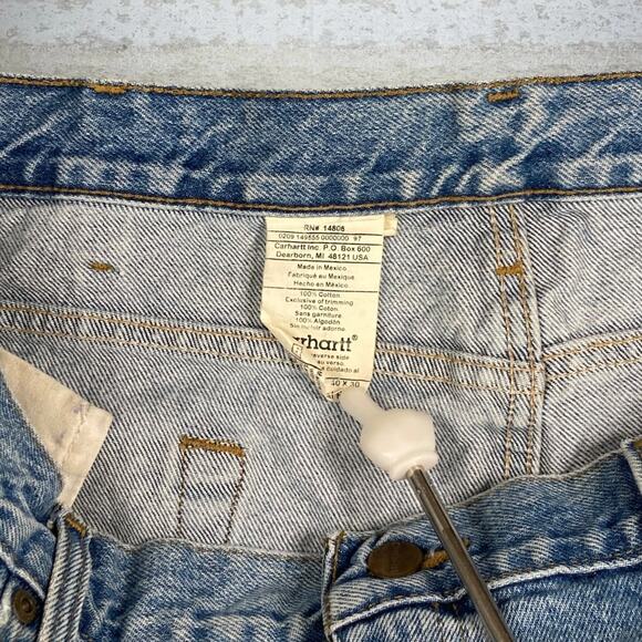 Vintage Carhartt Jeans Relaxed Fit Light Wash Work Wear Denim Leather Logo 90s - Picture 4 of 11